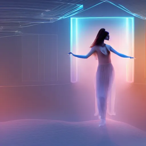 Image similar to A very detailed digital art rendering and concept design of a beautiful young ethereal woman beautifully positioned and dancing in volumetric lighting, three dimensions, a digitally transformed environment, user interface design, 3D modeling, illustration, and transportation design