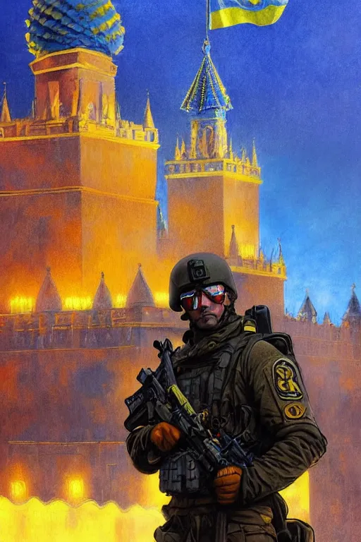 Image similar to special forces soldier installin ukrainian blue and yellow flag on red square kremlin, masculine figure, d & d, fantasy, bright atmosphere, volumetric lights, intricate, elegant, extremely detailed, digital painting, artstation, concept art, matte, smooth, sharp focus, hyper realistic, illustration, art by artgerm and greg rutkowski and alphonse mucha