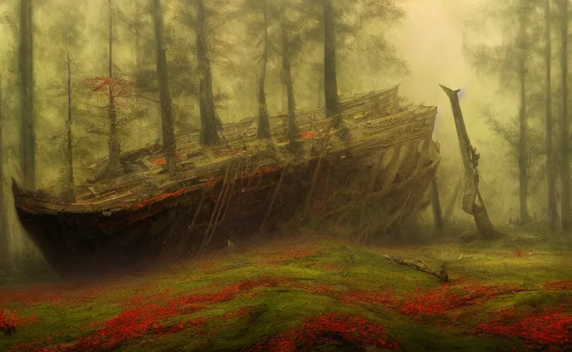 Prompt: an old big shipwreck in an autumn forest, green and red tones, by Aron Wiesenfeld and beksincki, cinematic, detailed illustration, nature, fog, dark colors, suspense, intricate, 8k