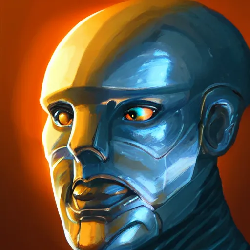 Prompt: Cybernetic man portrait, radiant orange light, in the style of WLOP and tony sart