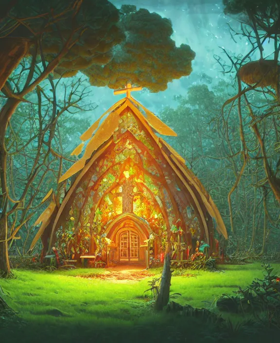 Image similar to a simple, whimsical church made from food, overgrown with huge exotic fungus, deep in the woods, cheerful, stormy, by dan mumford, yusuke murata, makoto shinkai, ross tran, dreamy, cinematic, unreal engine, cel shaded, featured on artstation, pixiv