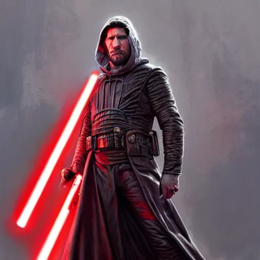 Image similar to Jon Bernthal as a Sith Lord with red light saber and in power armor, western, D&D, fantasy, intricate, elegant, highly detailed, digital painting, artstation, concept art, matte, sharp focus, illustration, art by Artgerm and Greg Rutkowski and Alphonse Mucha