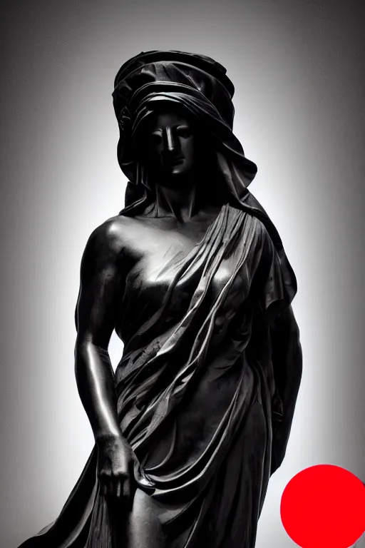 Prompt: polished black marble athena statue hiding his face under a red silkveil, sculpted by hedi xandt and bernini, epic and cinematic view, volummetric light, texturized, detailed, 8 k