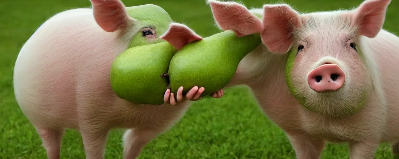 Prompt: a cute green pear animal with hooves and a pig nose; nature photography