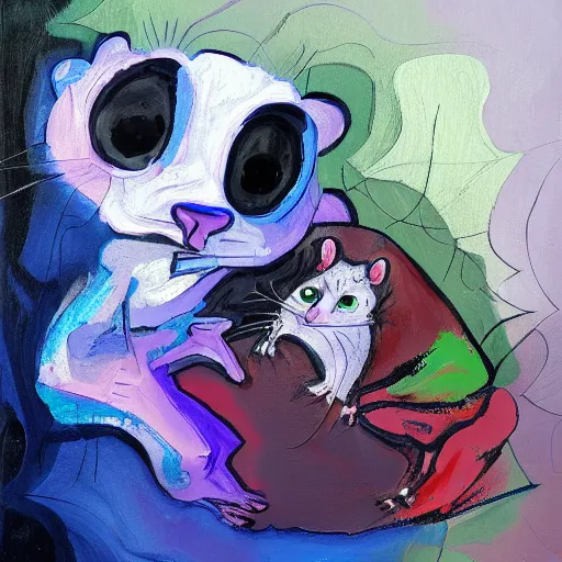 Image similar to danny devito in the form of a possum scaring away cats abstract painting