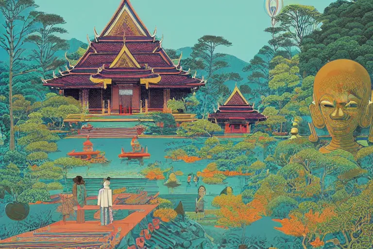 Image similar to summer morning, thai temple, rolling mountain, very coherent and colorful high contrast, art by gediminas pranckevicius, geof darrow, franz sedlacek, dark shadows, hard lighting, ukiyo - e, floralpuk risograph print