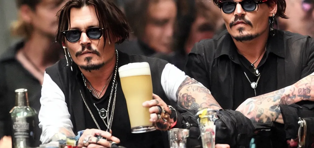Prompt: johnny depp sipping a mega pint of red wine, cyberpunk