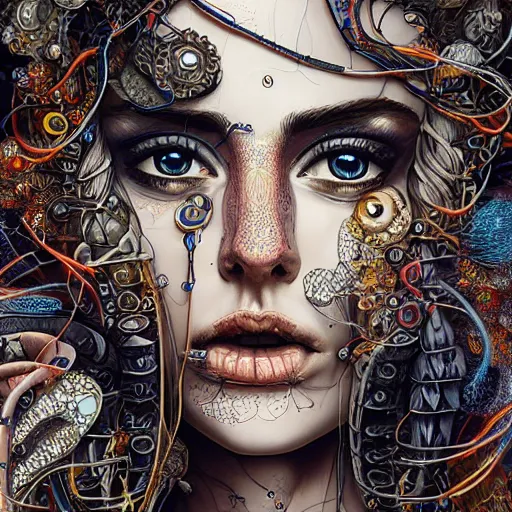 Image similar to beautifully stunning stonepunk woman_integrating_with_technology_full_face_insipiring_detailed_intricate_ornate_cables_connected_to_head_big_open_electric_eyes_ the_singulairty is now by android jones