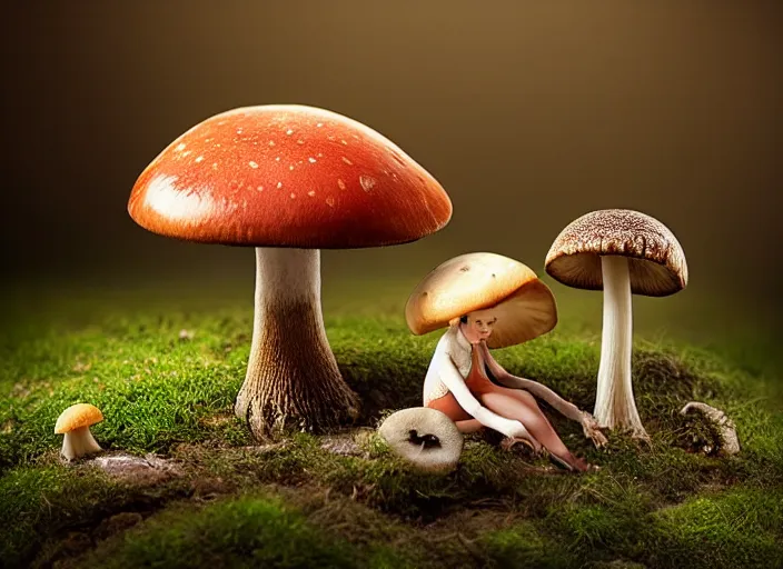 Image similar to a cute creature sitting next to a mushroom, realistic, very detailed, complex, intricate, studio lighting, superres sharpening, bokeh, sigma 5 0 mm f 1. 4, 1 9 2 0 period drama by bussiere rutkowski andreas rocha