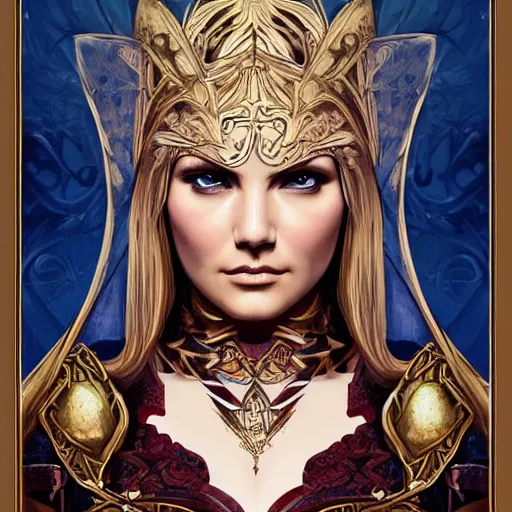 Image similar to head-on symmetrical centered painted portrait, Elisha Cuthbert as a paladin, blonde hair, ornate iron armour, art nouveau, tarot card style, medieval robes, fantasy, intricate, elegant, highly detailed, smooth, sharp focus, illustration, artstation, in the style of Artgerm and Anna Podedworna and Alex Ross and Mucha