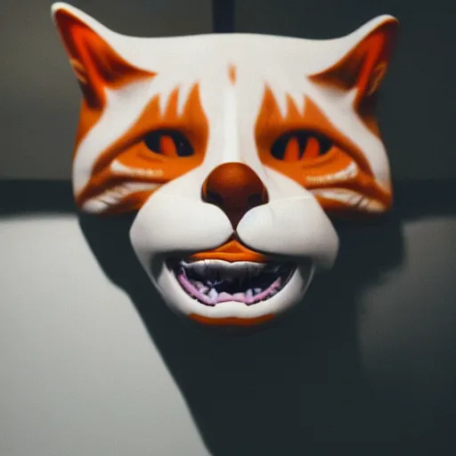 Image similar to high quality photo of a man in a police officer uniform wearing a latex mask of a realistic looking orange/white tabby cat on a dark bg, lit from below by James Jean, natural lighting