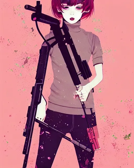 Image similar to girl holding rifle, manga!! detailed manga illustration!! intricate details, aesthetically pleasing pastel colors, poster background, aesthetic details, art by conrad roset and ilya kuvshinov