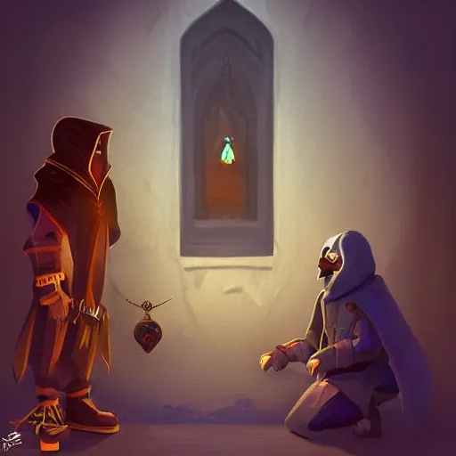 Prompt: a thief and his pet crow sneaking into a reliquary at night, digital painting, artstation, sharp,