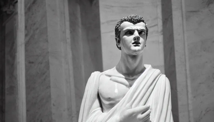 Image similar to 1 9 6 0 s movie still close - up of caligula in white toga stabbed by senators on marble stairs, cinestill 8 0 0 t 3 5 mm, high quality, heavy grain, high detail, dramatic light, anamorphic, detailed beard