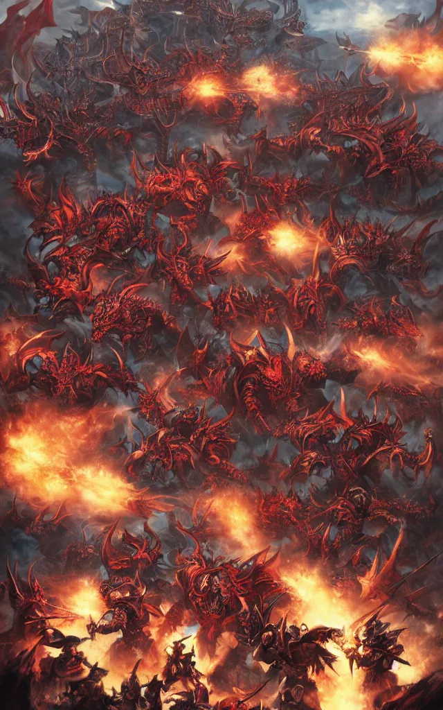Image similar to warhammer battle scene versus scarlet nordic dragon movie poster by kekai kotaki