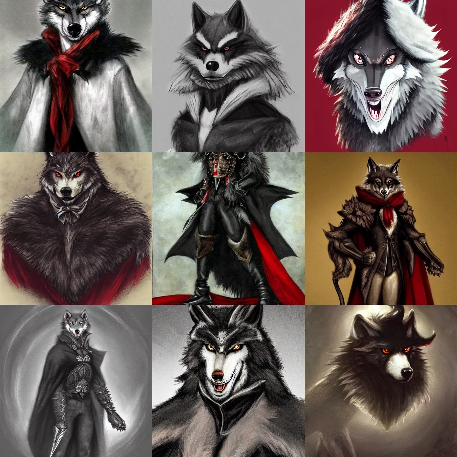 Prompt: a portrait of an anthropomorphic wolf, furry fursona, black cape, long fangs, castlevania symphony of the night, correct wolf muzzle, full body, large red eyes!!!, sir samuel luke fildes