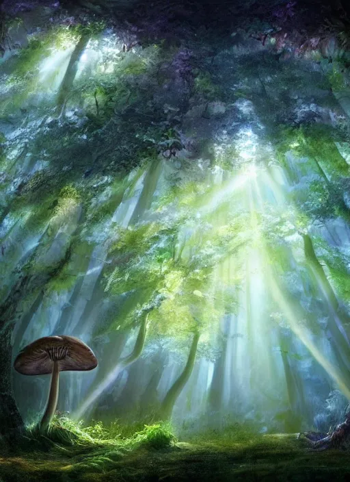 Image similar to painting of magic mushrooms , mysterious forest, beautiful lighting, god rays, fantasy art, matte painting