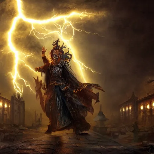 Image similar to a powerful sorcerer bringing lighting down upon a fantastical dark town, fantasy, highly detailed, painting, 4k, dramatic lighting