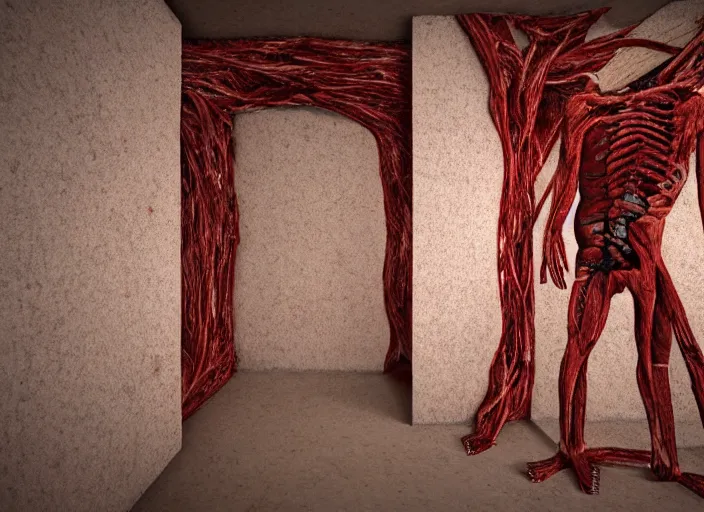 Prompt: In the wall of a room one rectangular portal is opened to a new room, consisting of meat, veins, lungs, blisters, kidneys. Bodyhorror, wide angle shot, extremely high detail, 16k, 8k