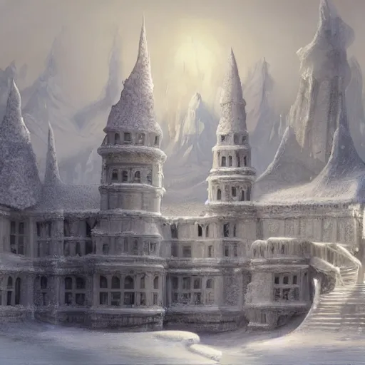 Image similar to a painting of an ice castle in the snow, a detailed matte painting by peter snow, cgsociety, northwest school, matte painting, matte drawing, concept art