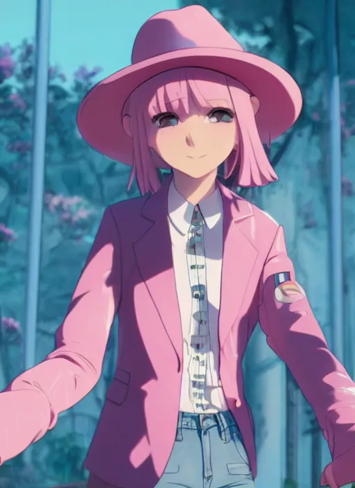 Image similar to a young woman, with a wavy short pink hair and pink fedora hat, wearing a light pink jacket with a dark blue tie, purple gloves and blue jeans shorts and white shoes. She is holding blue neon strings tied on her hand, rich vivid colors, ambient lighting, dynamic lighting, 4k, official media, anime key visual, makoto shinkai, ilya kuvshinov, lois van baarle, rossdraws, detailed, trending on artstation