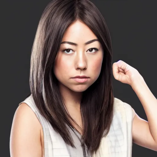 Image similar to portrait karen fukuhara aubrey plaza bald neutral expression face straight on headshot even lighting texture character creator 4