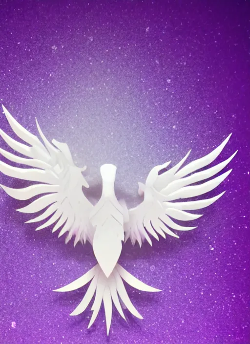 Image similar to white phoenix purple gold colour salt crystals sharp detail 3d render simple background graphic ultra simplified deco design fai khadra gaika style