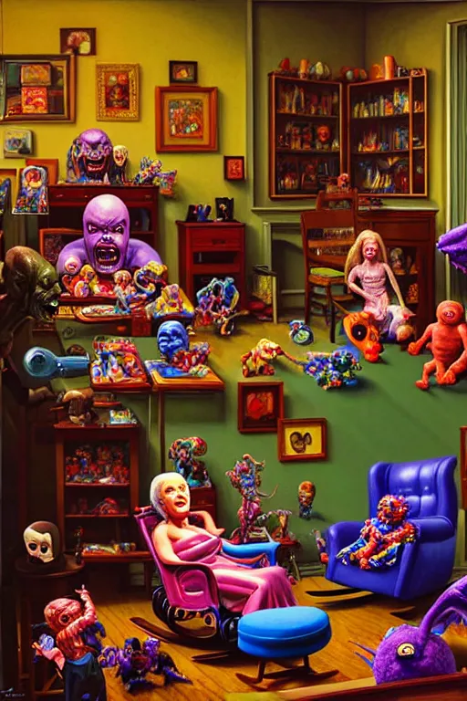 Image similar to a hyperrealistic painting of a room full of evil possessed toys watching a grandma in a rocking chair, cinematic horror by chris cunningham, lisa frank, richard corben, highly detailed, vivid color,