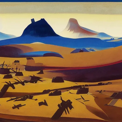 Prompt: a oil painting of a battlefield in a desertic landscape surrounded by mountain, stylised storm, by nicholas roerich, by frank frazetta by georgia o keeffe by frederick william elwell, by hans emmenegger, by eyvind earle highly detailed, realistic, outline, line work, fantasy, oriental, stylised flat colors, animation