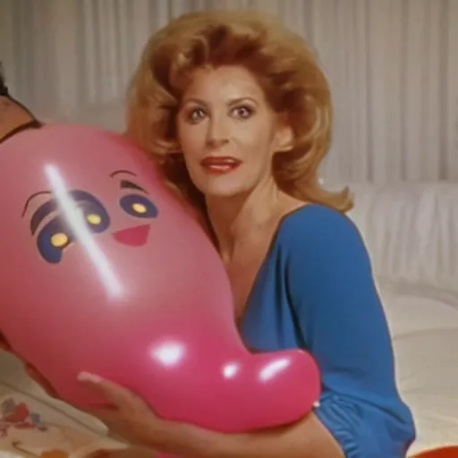 Prompt: still from a 1983 independent film about a desperate housewife wearing an inflatable toy as she meets a handsome younger man in a seedy motel room