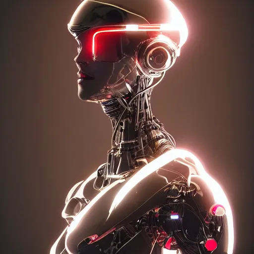 Image similar to a beautiful woman wearing robot suit with wires and light, highly detailed, photorealistic, artstation, smooth