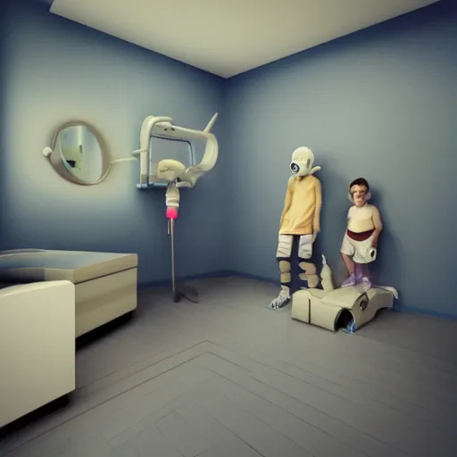 Prompt: going to the dentist, in the style of grand chamaco and pedro conti and stanley kubrick, inspired by die antwoord, photorealistic, epic, super technical, 3 d render