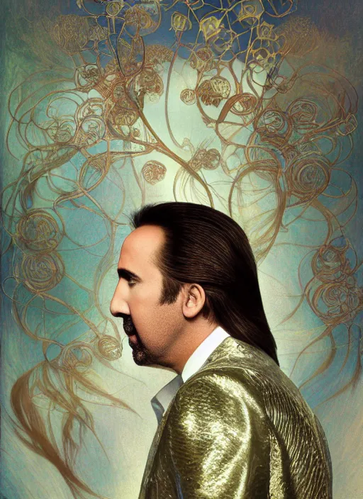 Prompt: pantene advertisement photography of nicolas cage by mucha, extremely coherent, sharp focus, elegant, render, octane, detailed, award winning photography, masterpiece, rim lit