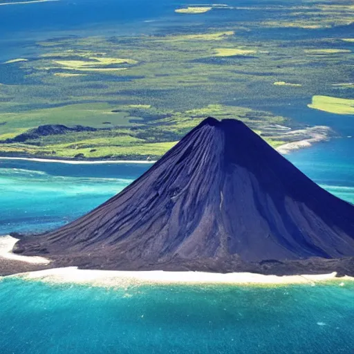 Prompt: volcano on an island and the ocean in the background