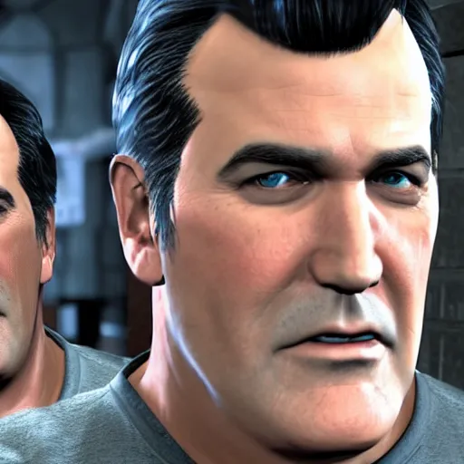 Prompt: a screenshot of bruce campbell in resident evil. 3 d rendering. unreal engine. amazing likeness. very detailed. cartoon caricature
