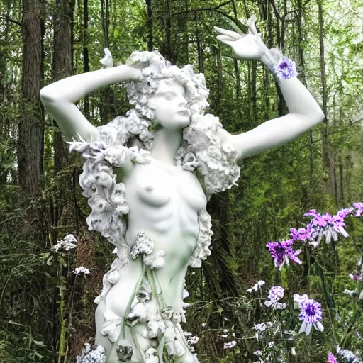 Prompt: a fully dressed idealistic marble statue with fractal flowery hair in a fractal garden, glowing delicate flower and mushrooms that grow in a dark fatansy forest on the planet pandora,, symmetrical,