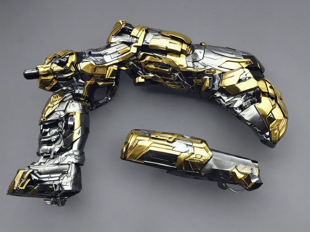 Image similar to intricate futuristic weapon made of brushed metal, chrome and carbon, gold linings