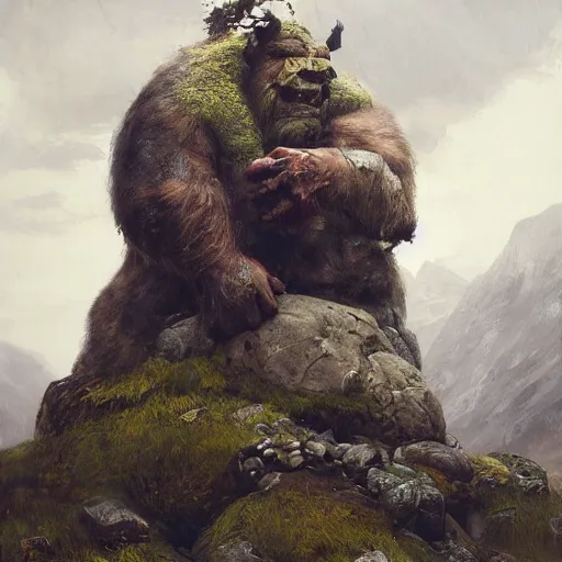 Prompt: scandinavian big mountain troll portrait by ruan jia, moss growing on the troll and rocks and stone