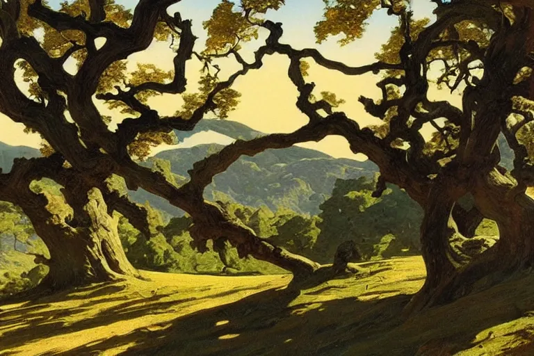 Image similar to masterpiece painting of oak trees on a hillside overlooking a creek, dramatic lighting, by j. c. leyendecker