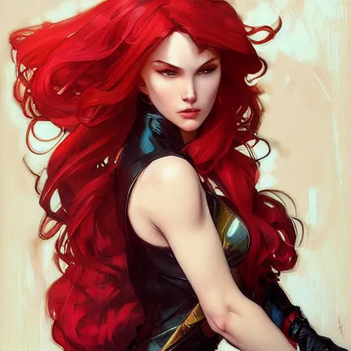 Prompt: a cool red - haired girl. she is dressed as a superhero. clean elegant painting, beautiful detailed face. by artgerm and greg rutkowski and alphonse mucha