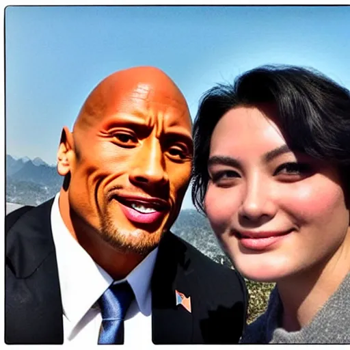 Image similar to dwayne johnson and kim jong - un, pyongyang background, selfie, phone quality,