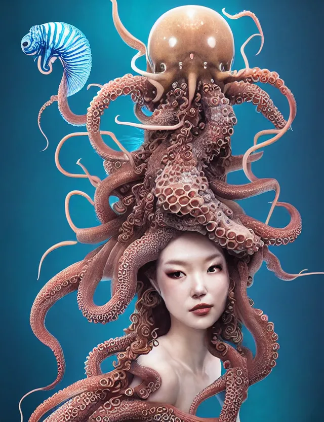 Image similar to 3 d goddess octopus half - turn portrait with long hair with ram skull. beautiful intricately detailed japanese crow kitsune mask and clasical japanese kimono. betta fish, jellyfish phoenix, bio luminescent, plasma, ice, water, wind, creature, artwork by tooth wu and wlop and beeple and greg rutkowski