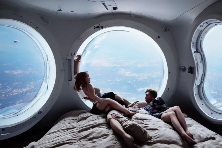 Image similar to sci-fi scene of space tourists in glamourous spaceship bedroom looking out large circular window at earth orbit By Emmanuel Lubezki