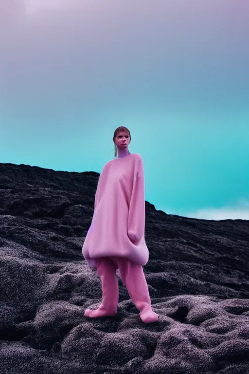 Image similar to high quality pastel coloured film close up wide angle photograph of a model wearing clothing resting on cloud furniture in a icelandic black rock!! environment in a partially haze filled dreamstate world. three point light, rainbow. photographic production. art directed. pastel colours. volumetric clouds. pastel gradient overlay. waves glitch artefacts. extreme facial clarity. 8 k. filmic.