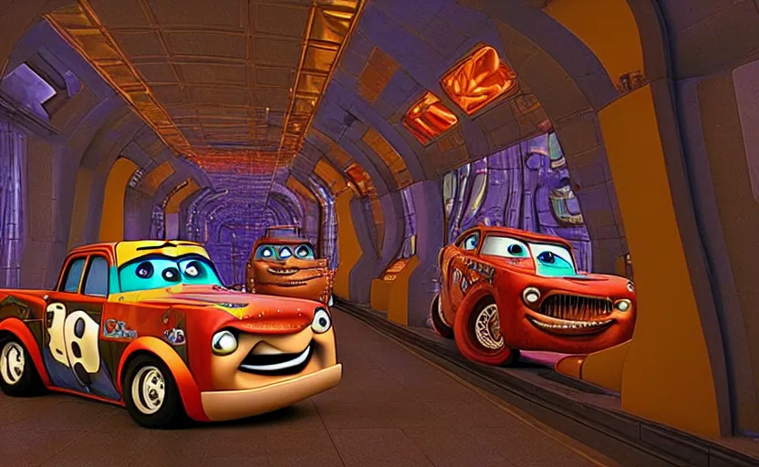 Prompt: mater from cars in a mirrored fractal hallway, romance novel cover, in 1 9 9 5, y 2 k cybercore, low - light photography, still from a ridley scott movie