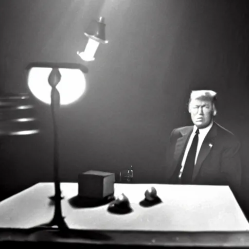 Image similar to a film still from a 1 9 4 0's film noir movie with donald trump sitting at a metal table in an dark interrogation room with a hanging light shining on him, dramatic lighting