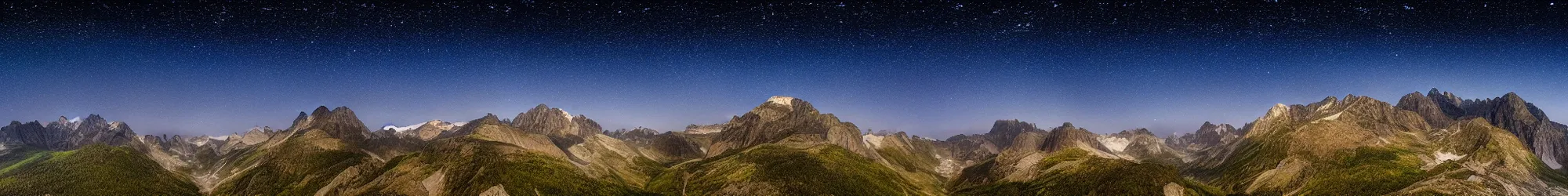 Prompt: panorama view of mountains and grand crayons at night with stars and galaxies in the night sky