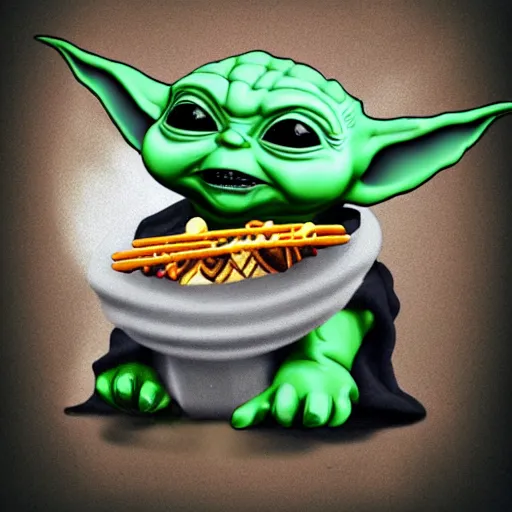 Image similar to baby yoda eating a kebab