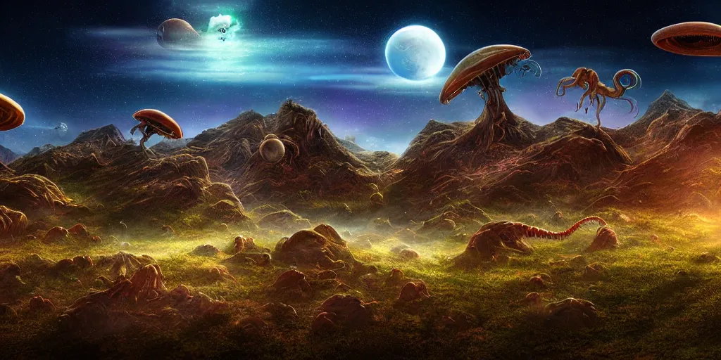 Prompt: landscape image with various different alien creatures, extremely detailed digital matte painting, clear skies, night, vibrant, stunning lighting