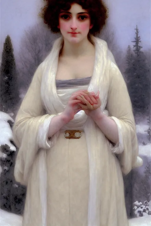 Image similar to snow lady in furry, painting by rossetti bouguereau, detailed art, artstation